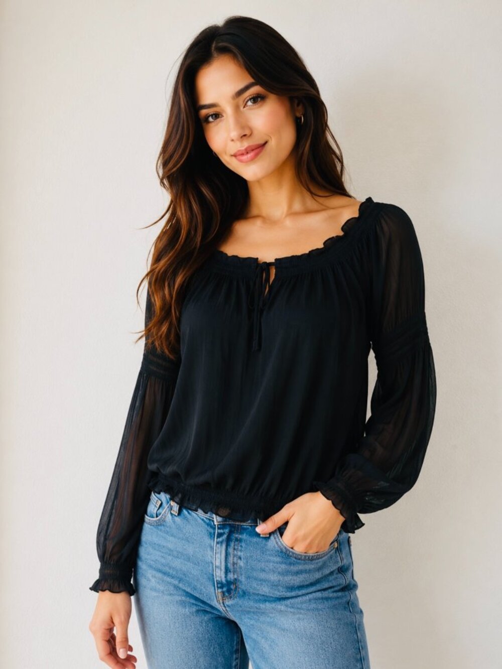 Express Black Sheer Long Sleeve Peasant Top Small